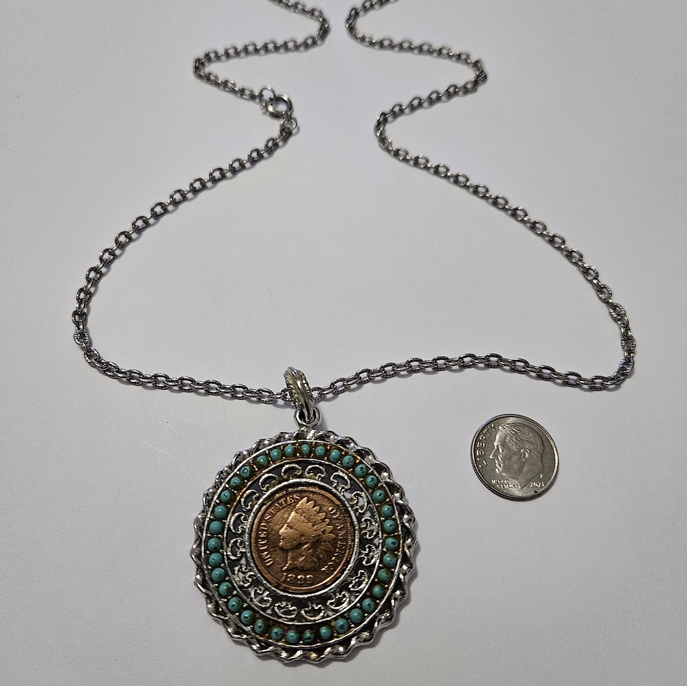 Vintage 1899 Indian Head PennyTurquoise Medallion Pendent Chain Necklace